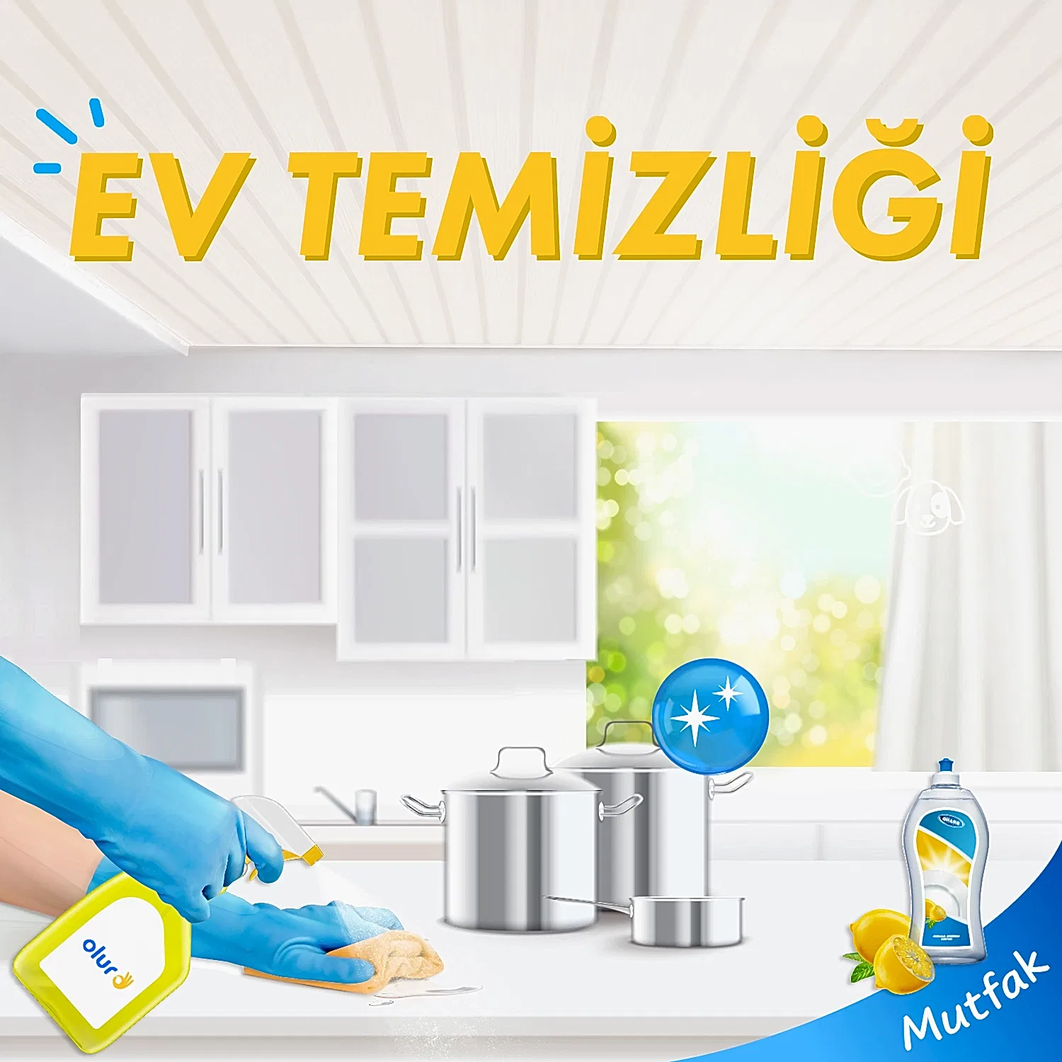 Ev temizliği yapılırken mutfaktaki fırın, dolap vb. mikrofiber bez ve temizleyici sprey ile siliniyor